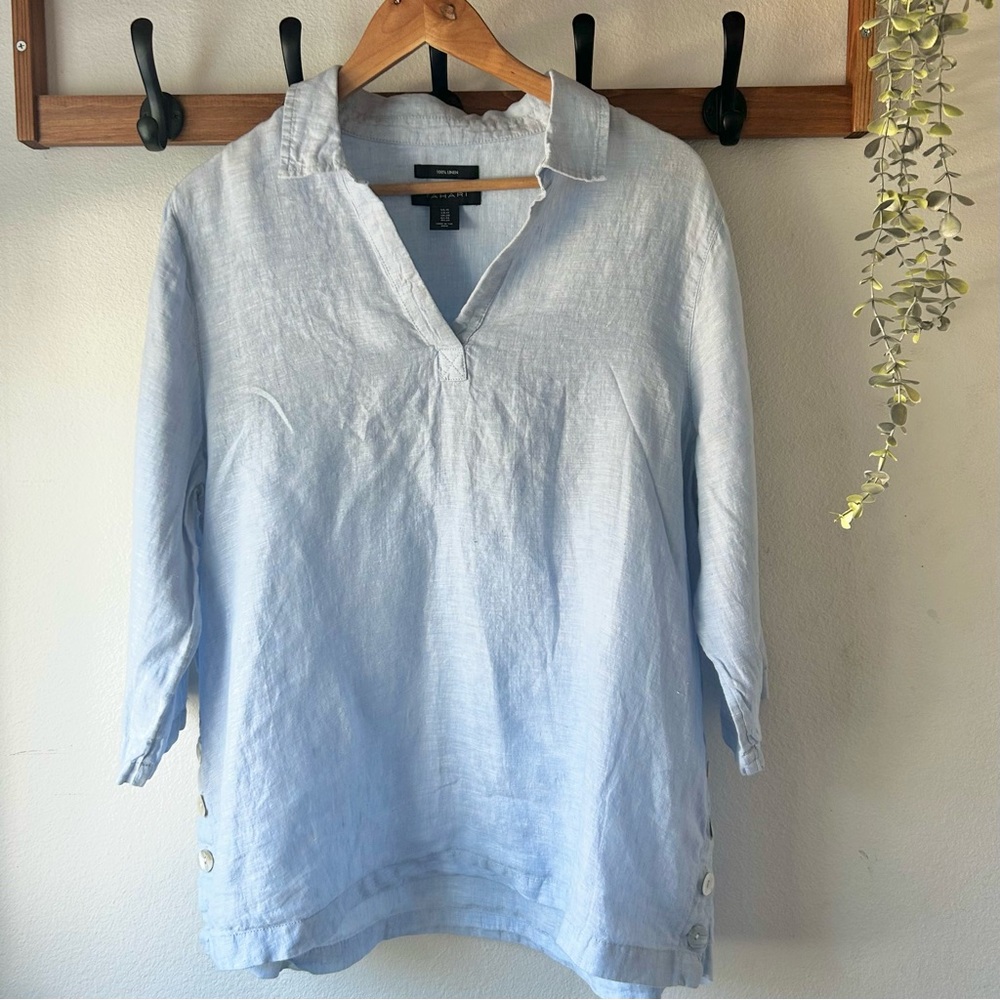 TAHARI Linen Coastal Light Blue side button Split Neck Longline Summer blouse